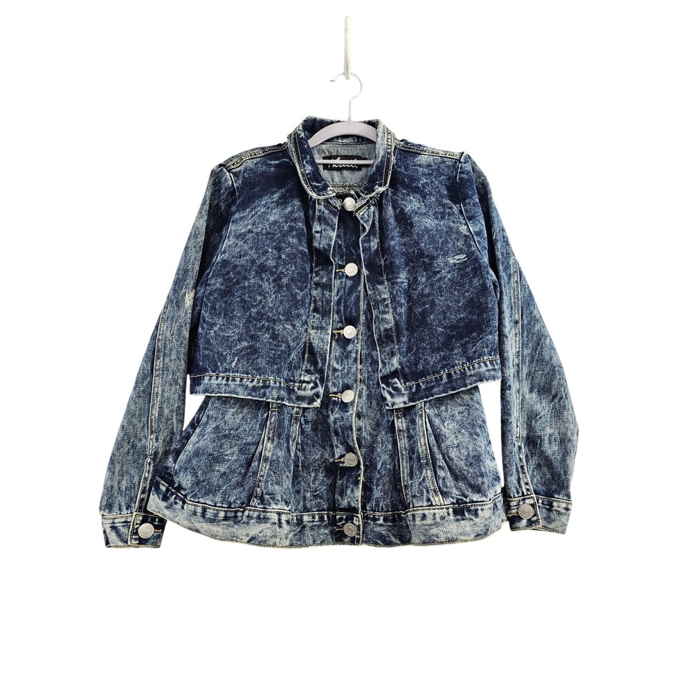 Thrill‎ Acid Wash Denim Peplum Layered Jacket Blue 100% Cotton Womens Large EUC